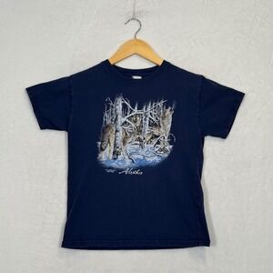 Vintage Navy Blue Alaska Wolf Graphic Baby Tee T-Shirt Small